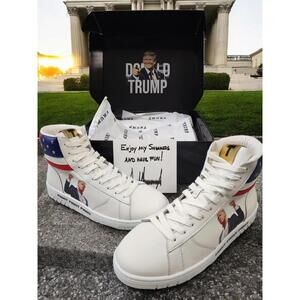 DONALD TRUMP FIGHT FIGHT HIGH WHITE TOP SNEAKER SIZE 11 PAIR#3512 READY TO SHIP
